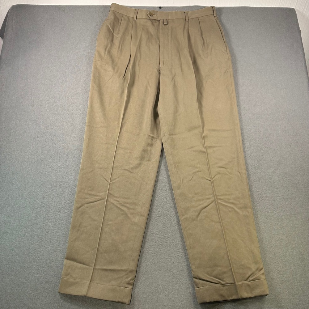 Tommy Hilfiger Mens 36x32 Tan Pure Wool Pleated Cuffed Dress Pants Trousers